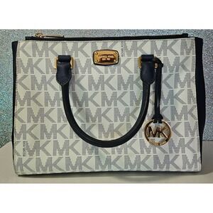 MK Michael Kors Signature‎ Monogram Kellen Medium Tote Satchel Bag Navy White